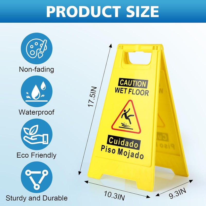 WOUSEDO 6-Pack Caution Wet Floor Sign,17.5" Height,Bright Yellow Double-Sided Folding A-Shaped Frame Design, Bilingual Caution Message - Image 2